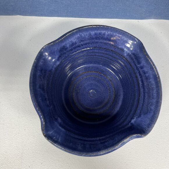 Signed Handmade Pottery Bowl Vase Cobalt Blue Clay bottom Drip Art Studio 8" - Picture 7 of 8